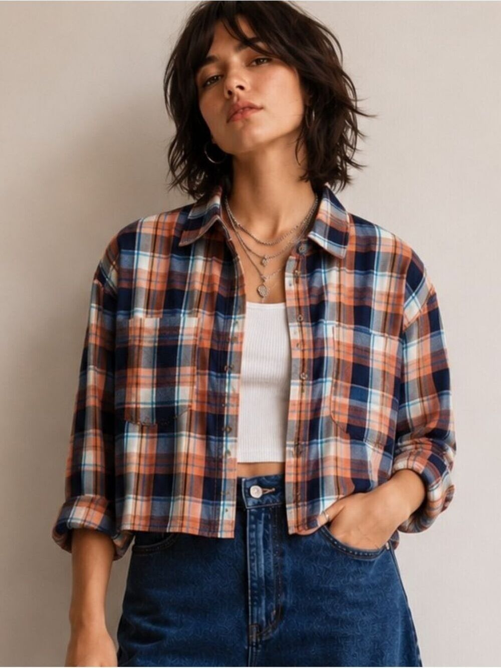 EASEL LONG SLEEVE COTTON ORANGE BLUE PLAID CROP BUTTON DOWN SHIRT SIZE SMALL